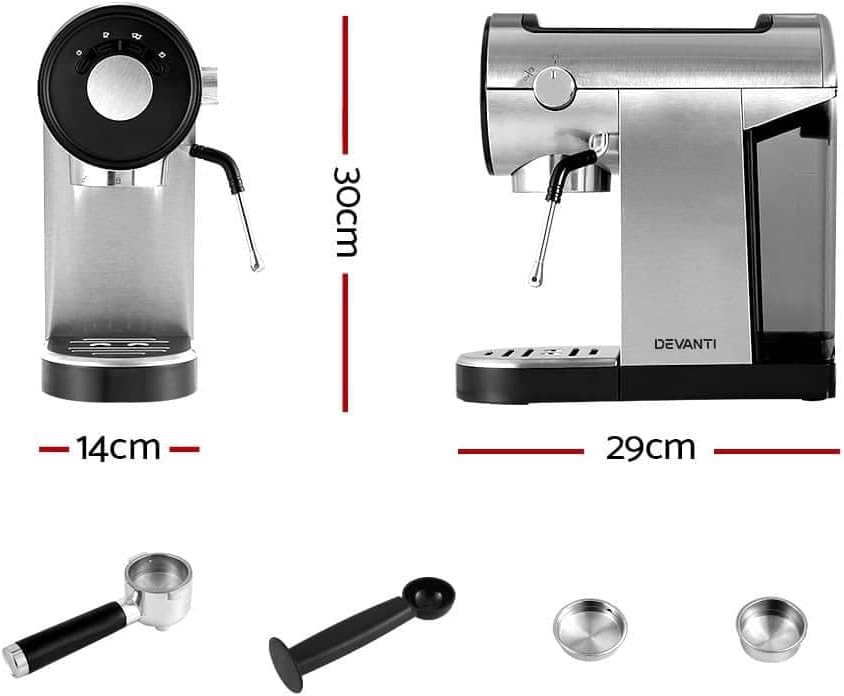 Devanti 20 Bar Espresso Coffee Machine with Milk Frother Stainless Steel