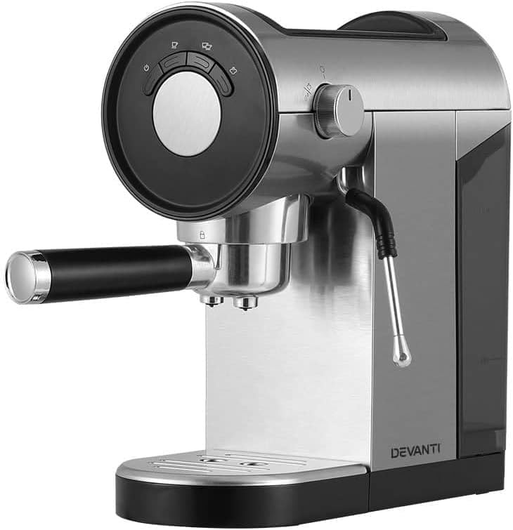 Devanti Coffee Machine, 20 Bar Barista Express Espresso Maker Pod Cafe Cup Latte Cappuccino Milk Frother Machines, with Powerful Pressure Pump Removable Drip Tray and Water Tank Stainless Steel