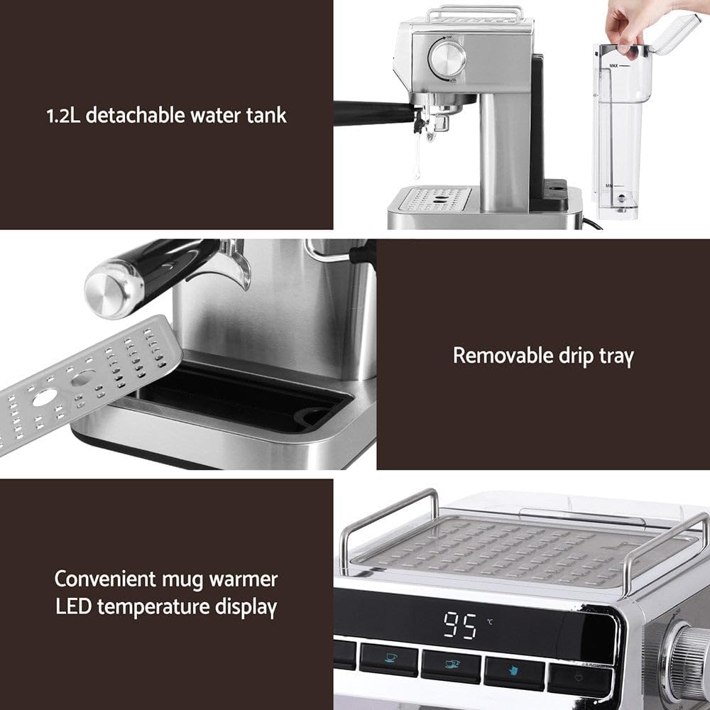 Devanti 20 Bar Espresso Coffee Machine with Milk Frother Stainless Steel