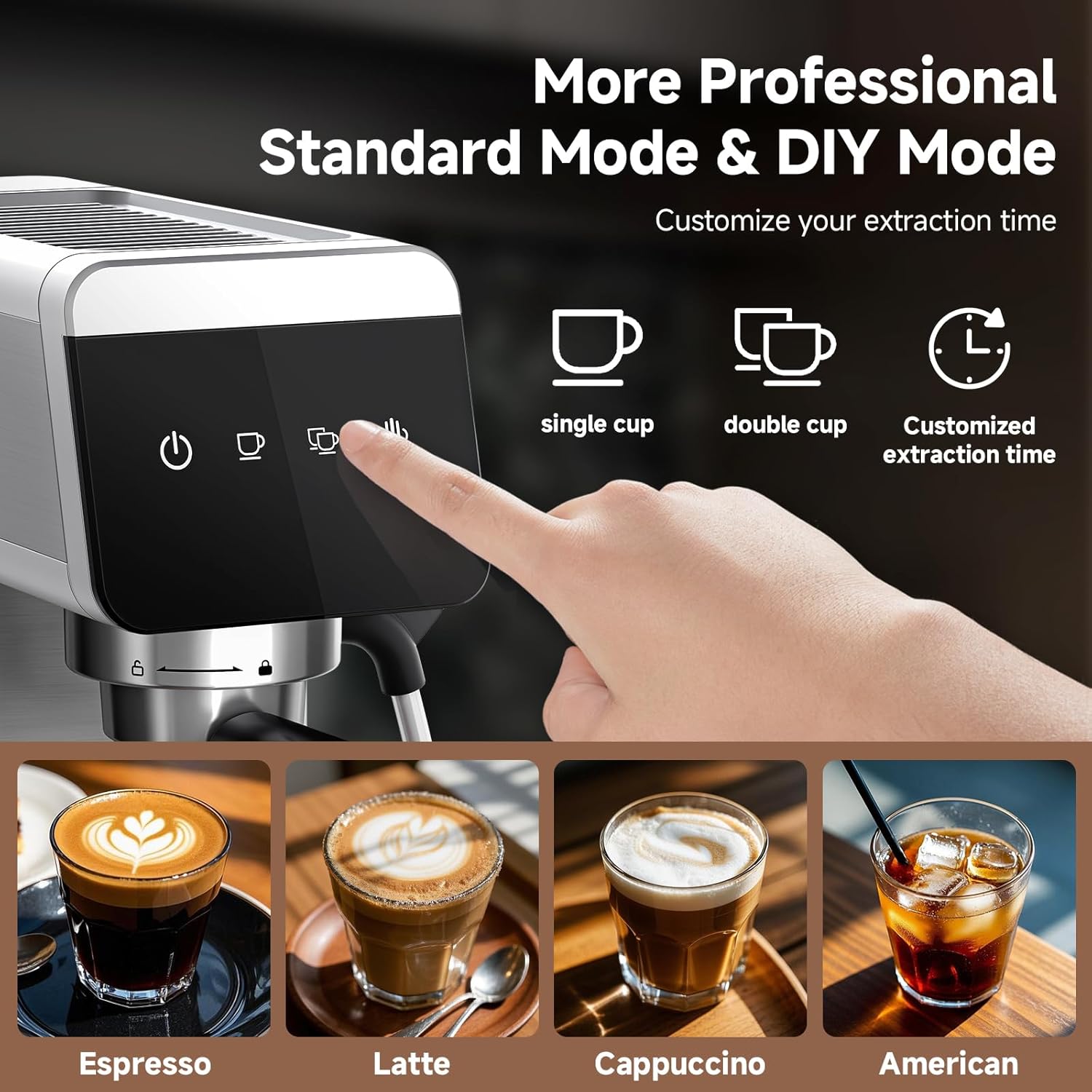 AMZCHEF 1350W Espresso Coffee Machine with Steam Wand LED Touch Black & Silver