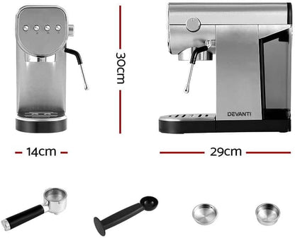 Devanti 20 Bar Espresso Coffee Machine with Milk Frother Stainless Steel