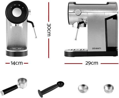Devanti 20 Bar Espresso Coffee Machine with Milk Frother Stainless Steel
