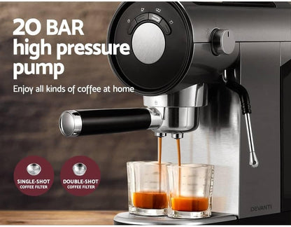 Devanti 20 Bar Espresso Coffee Machine with Milk Frother Stainless Steel
