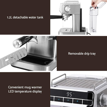 Devanti 20 Bar Espresso Coffee Machine with Milk Frother Stainless Steel