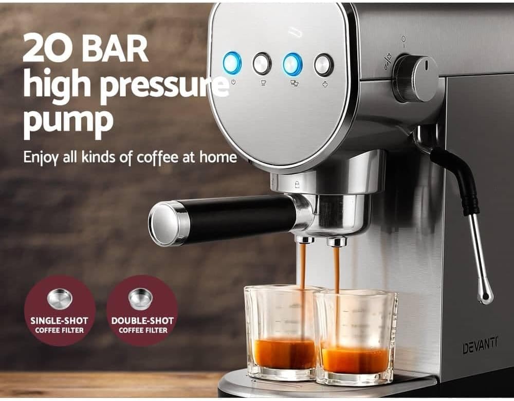Devanti 20 Bar Espresso Coffee Machine with Milk Frother Stainless Steel