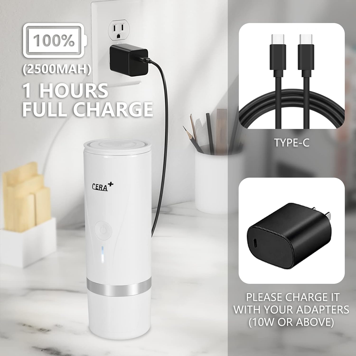 CERA+ Portable Electric Espresso Machine for Ground Coffee & NS Capsules White