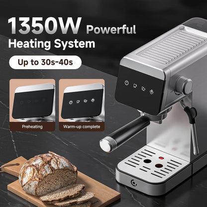 AMZCHEF 1350W Espresso Coffee Machine with Steam Wand LED Touch Black & Silver