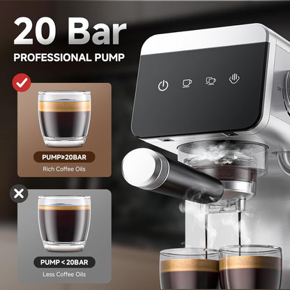 AMZCHEF 1350W Espresso Coffee Machine with Steam Wand LED Touch Black & Silver