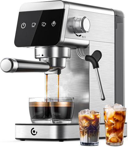AMZCHEF Coffee Machine,1350W Espresso Machine, Compact Stainless Steel Coffee Machines with LED Touch Screen, Powerful Steam Wand, Removable Water Tank, for Cappuccino,Latte,Black&Sliver