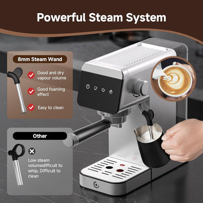 AMZCHEF 1350W Espresso Coffee Machine with Steam Wand LED Touch Black & Silver