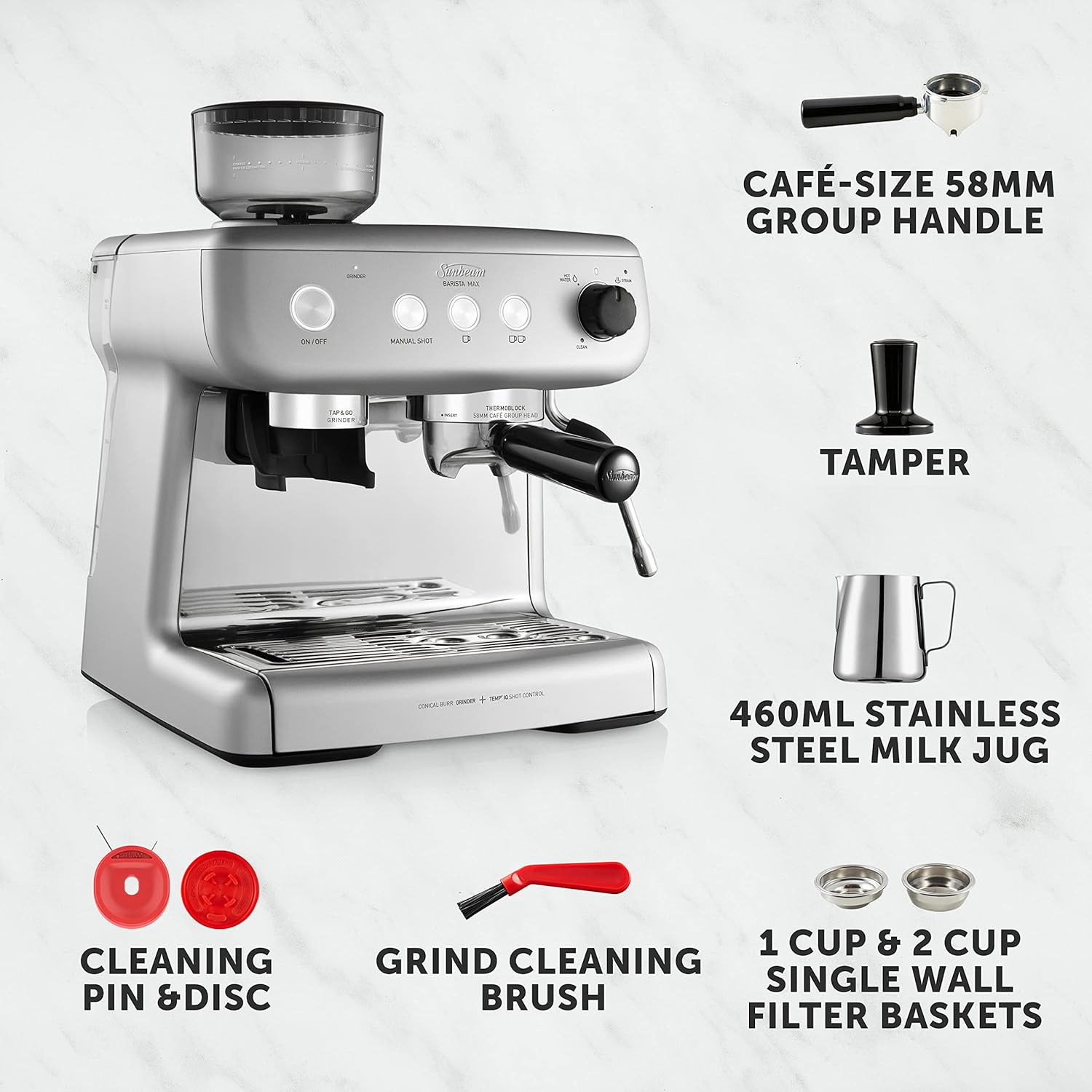 Sunbeam Barista Max Espresso Machine with Grinder & Milk Frother EM5300S Silver