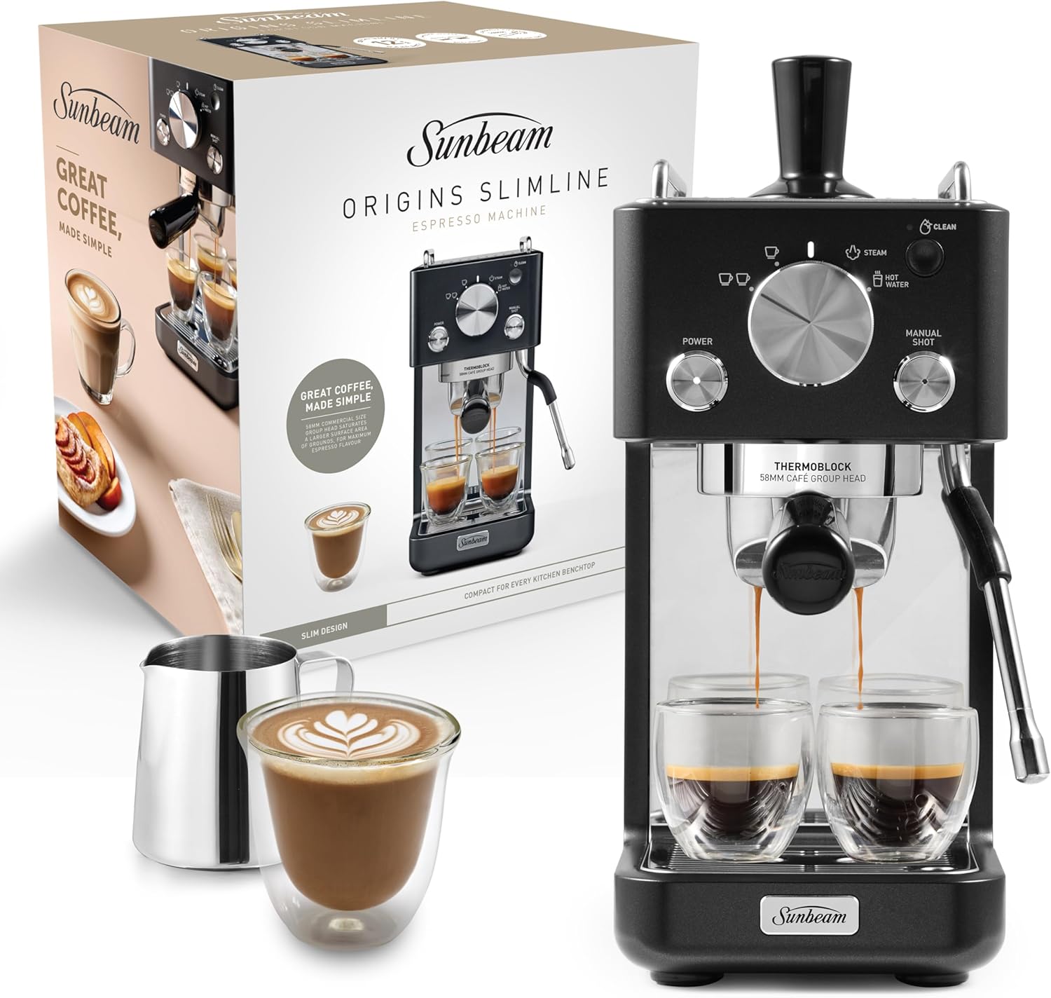 Sunbeam Origins Slimline Espresso Machine | Compact 160mm wide Coffee Machine, 58mm Commercial Size Group Head, Preset Single Or Double Espresso Shot, One-Button Cleaning, Black EMM4500BK